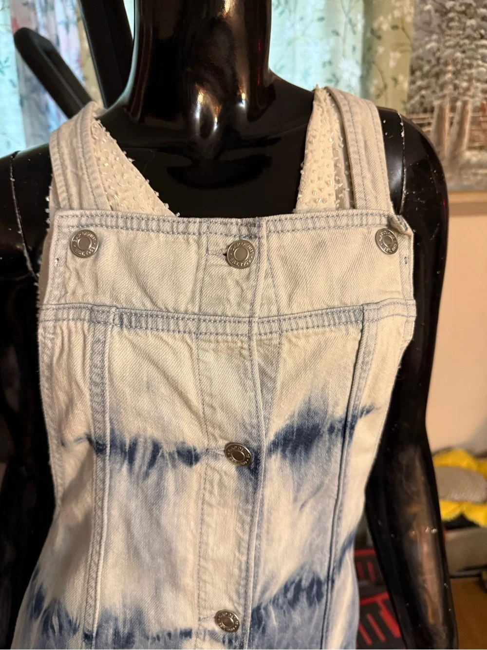 GAP Blue and White Tie-Dye Denim Overall Mini Dress